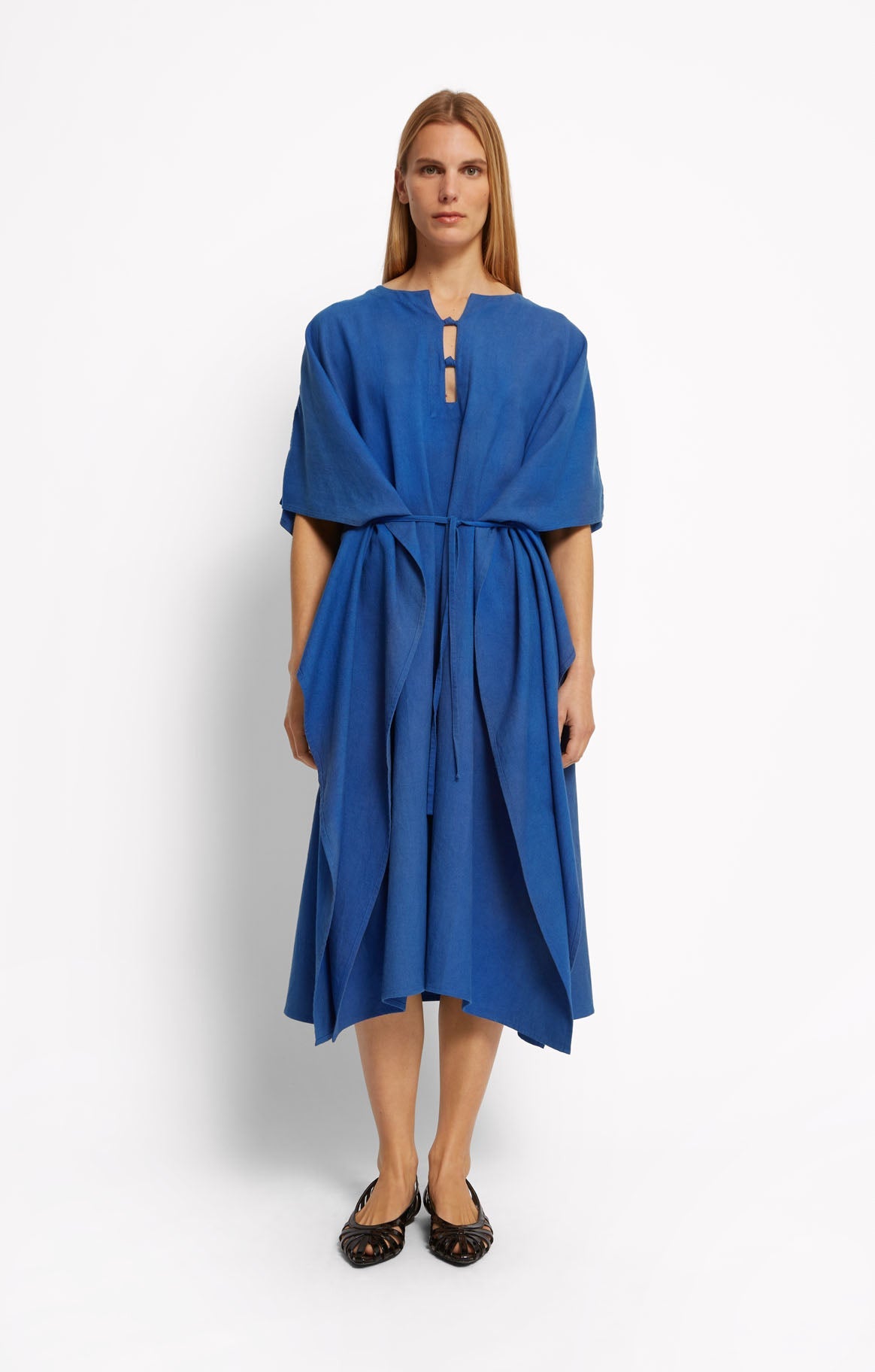 TWINS Blue Dress – Cotton & Linen Caftan with Handcrafted Knots