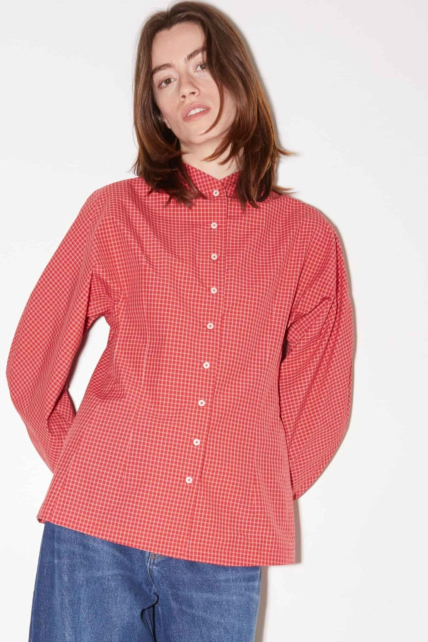 CHEMISE CINTRÉE CHARLENE EN COTON ROUGE - ROSEANNA