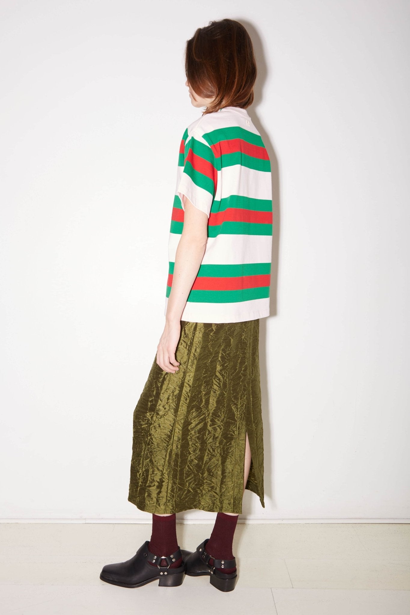 JUPE MIDI MARTHA EN SATIN FROISSÉ ARMY - ROSEANNA