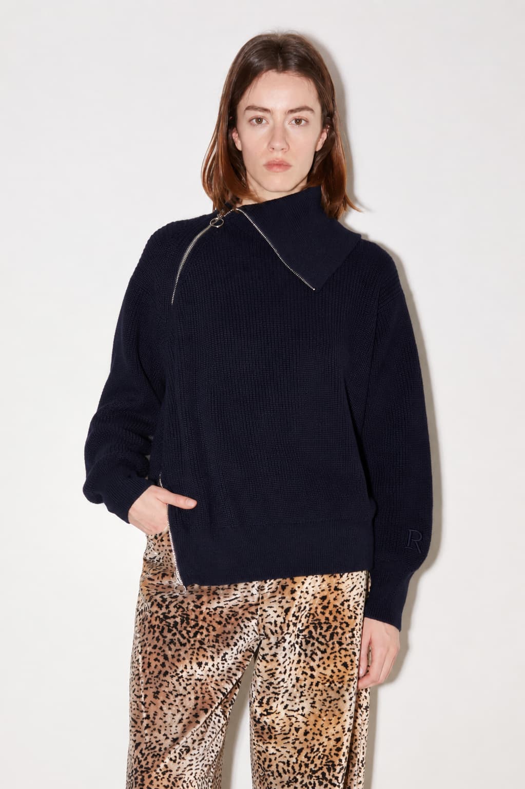 PULL COL MONTANT ZIP EN CÔTES PERLÉES NAVY - ROSEANNA
