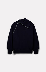 PULL COL MONTANT ZIP EN CÔTES PERLÉES NAVY - ROSEANNA