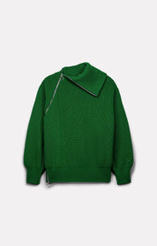 PULL COL MONTANT ZIP EN CÔTES PERLÉES VERT - ROSEANNA