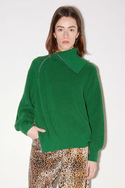 PULL COL MONTANT ZIP EN CÔTES PERLÉES VERT - ROSEANNA